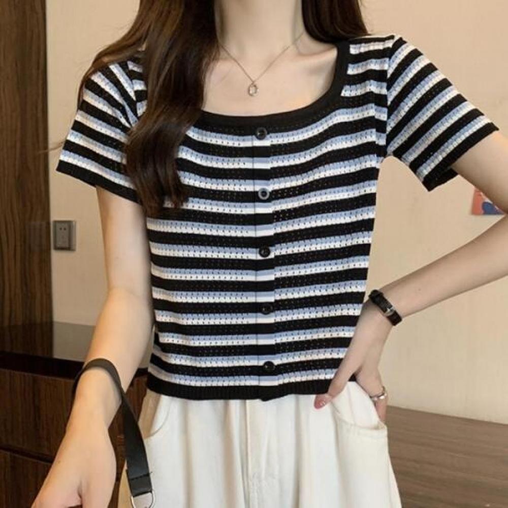 New Arrivals Open Run KniT Cardigan STripe T shirT Square Neck shorT Sleeve