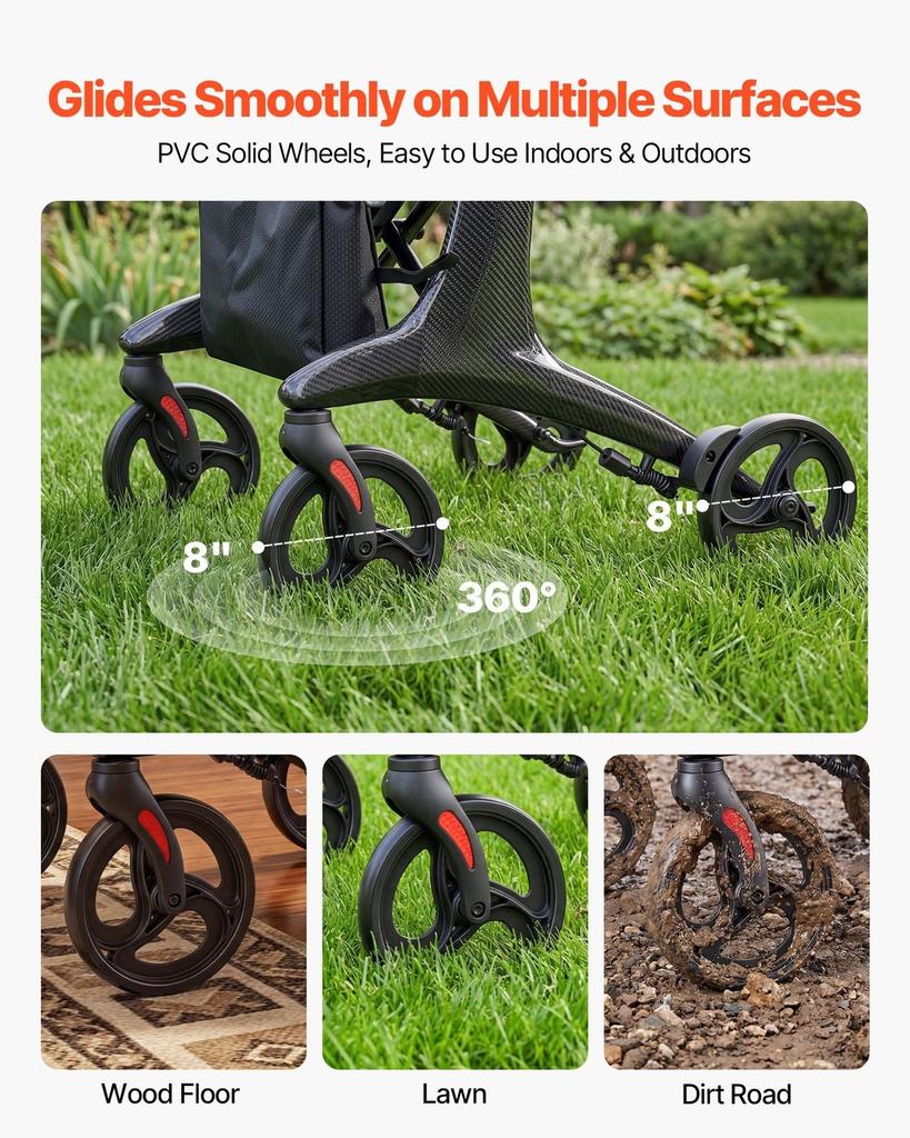 Rollator Walker with Seat for Seniors, Foldable Lightweight Rolling Walker, Carbon Fiber Mobility Walking Aid with 8" Solid PVC Wheels and Adjustable