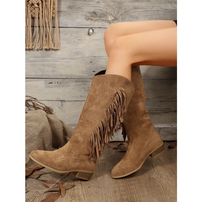 Plus Size Women's New Arrival Suede Knee-High Fringe Boots Pointed Toe Low Heel Versatile Long Boots Rider Boots