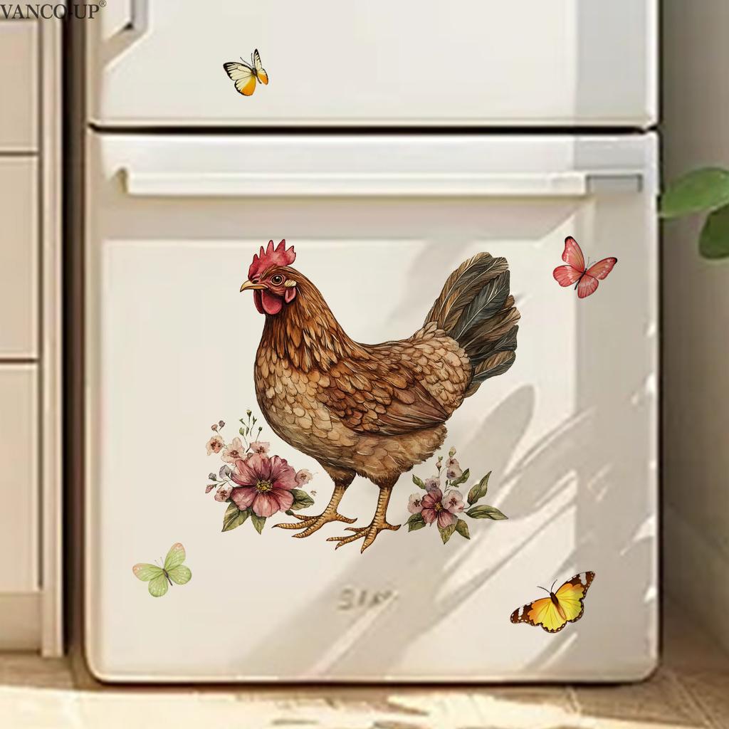 Floral Greenery Butterfly Rooster Wall Stickers, Self-Adhesive Decor for Bedroom Living Room Background Decoration