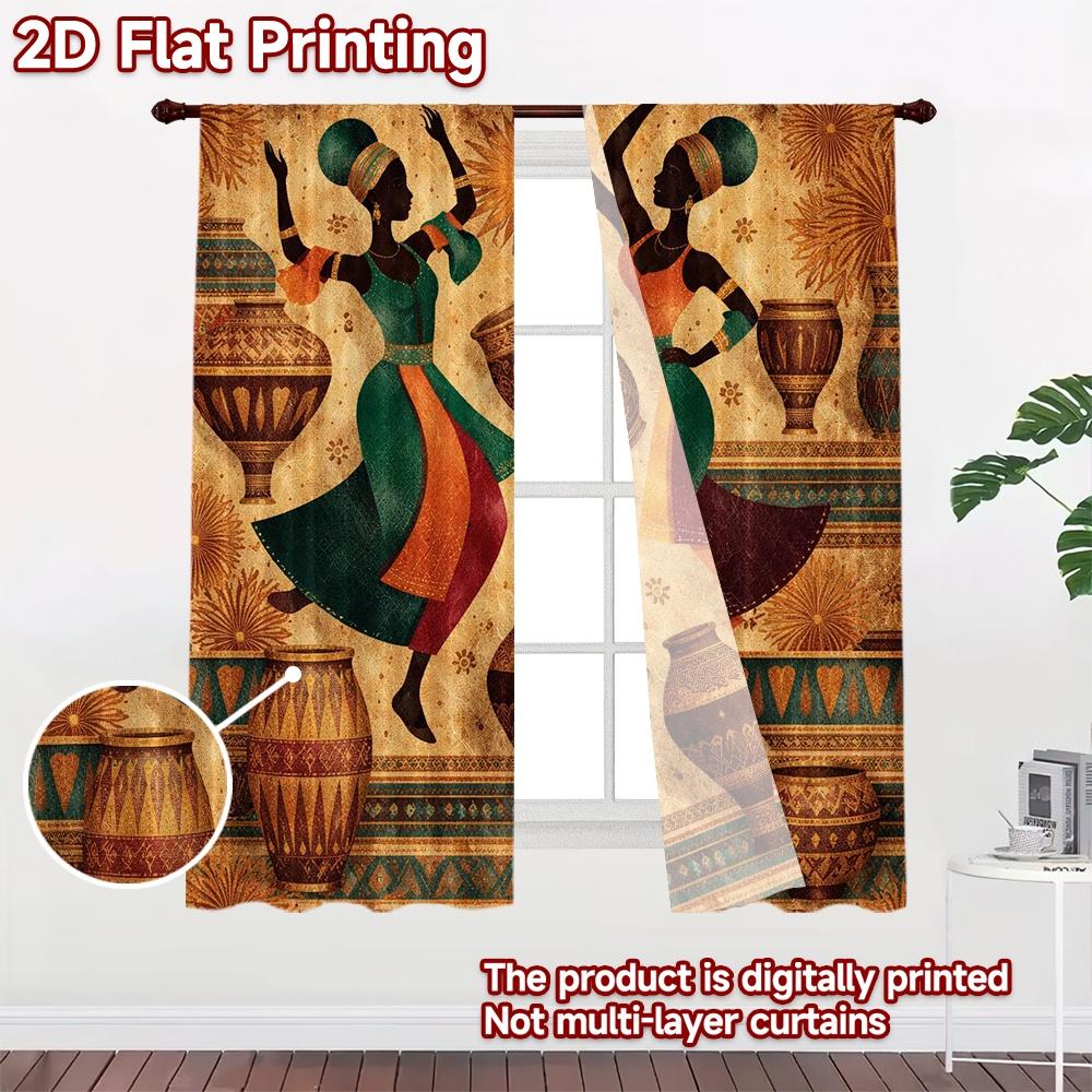 2D FLAT PRINTING 2pcs Curtains (Without Rod) African Dance Celebration(1) Creative Popular Curtains Fabric Curtains Present