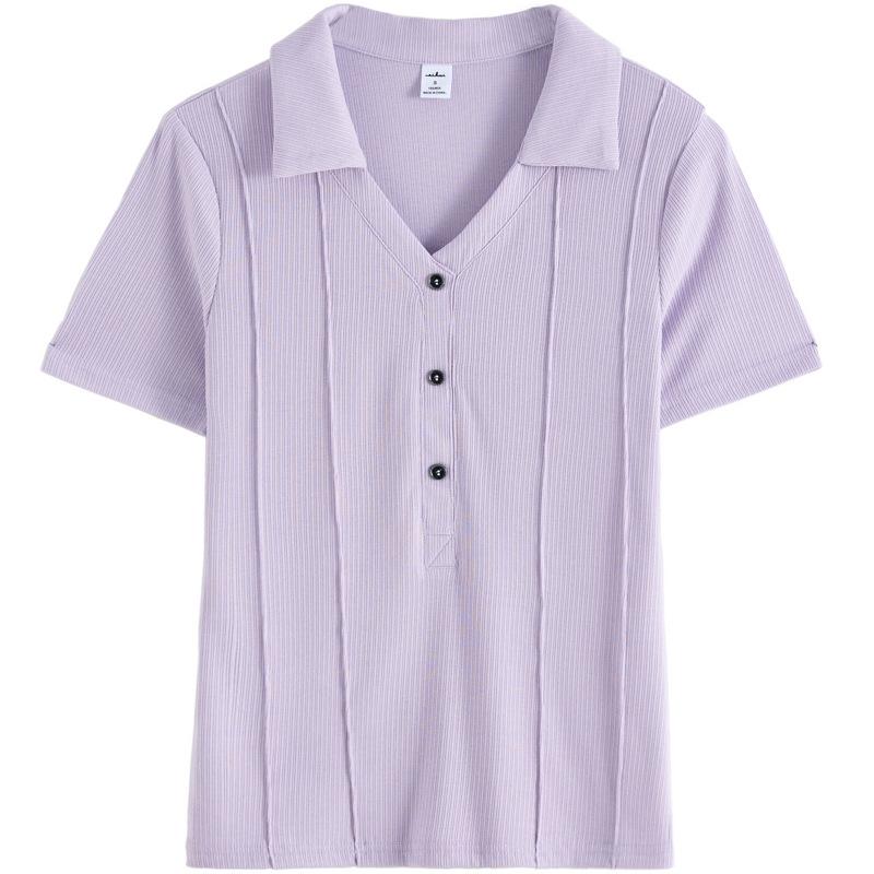 The Lapel Button Slimming Figure-hugging Elastic Half-sleeved T-shirt Is Fashionable Versatile and Elegant