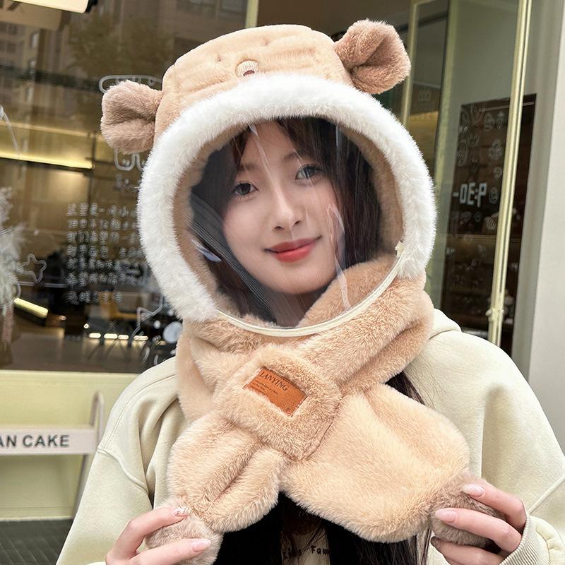 Bear hat, scarf, integrated women's winter thickened warm scarf, anti-fogging lenses, cycling windshield and cold protection, ear protection
