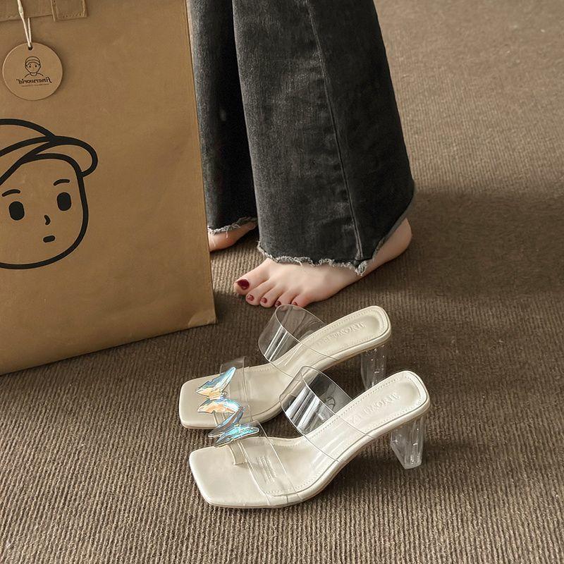 Transparent Word with Rhinestone Toe Cool Slippers 2025 New Fairy Style with Skirt Bow Crystal Slippers Woman
