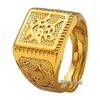 Square Fu Fa Cai Gold Plated Adjustable Men's Ring - Brass Fashion Open Sand Gold Jewelry.