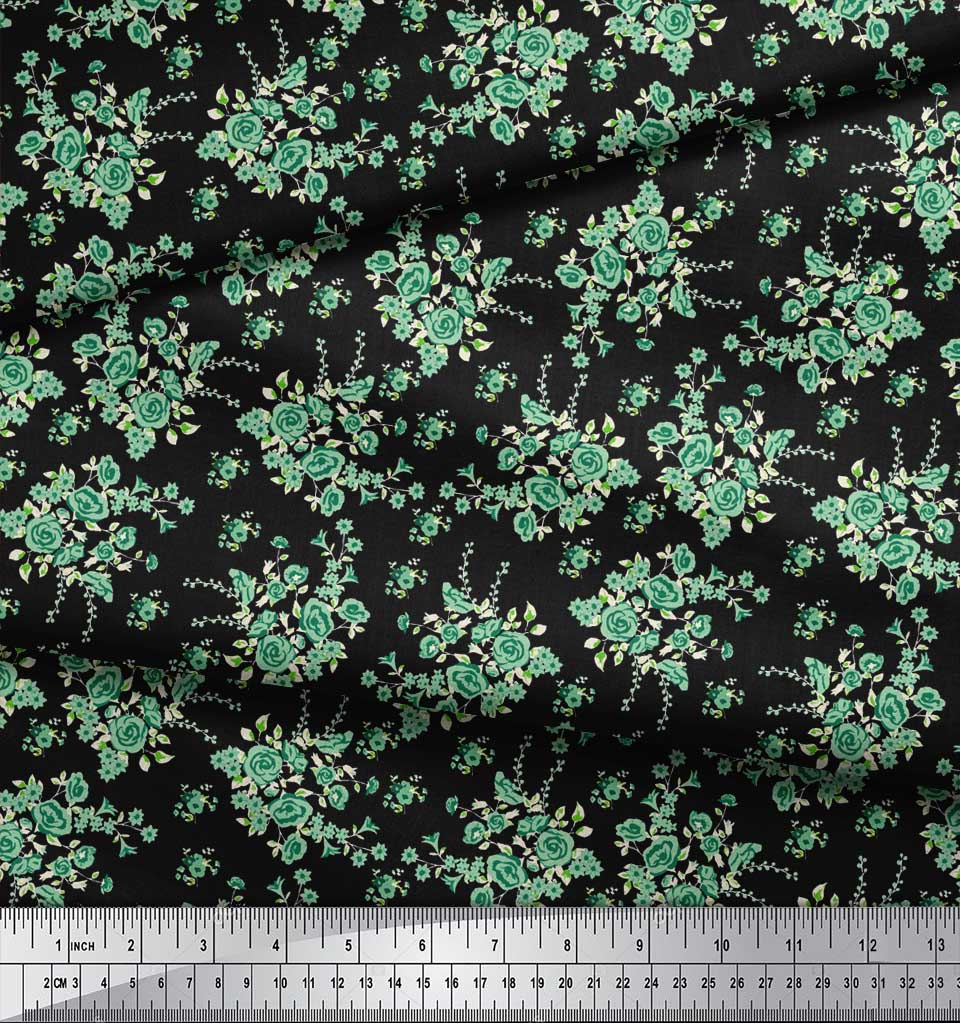 Soimoi Black Japan Crepe Satin Fabric Leaves & Rose Floral Print Sewing Fabric Metre 42 Inch