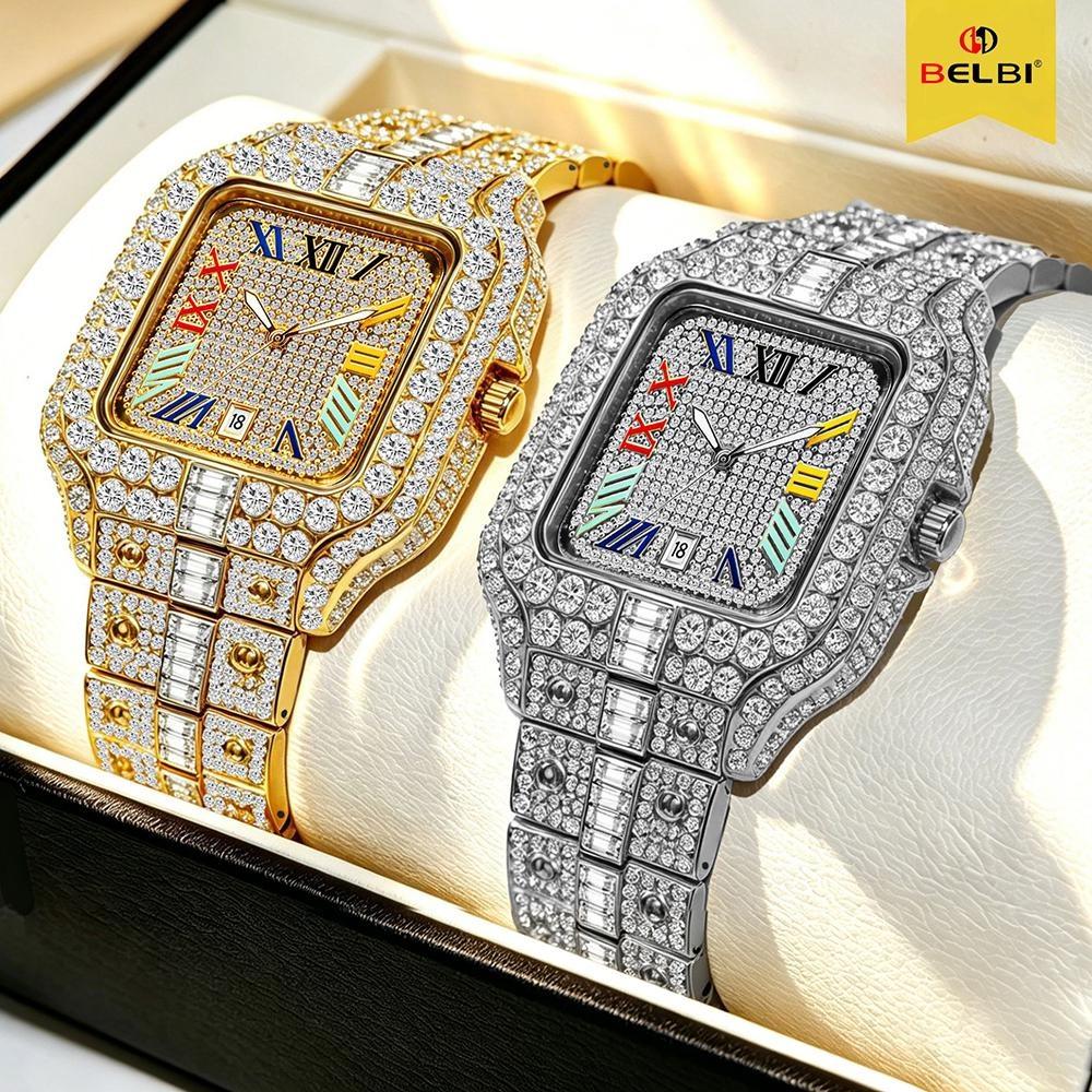 Mens Iced Out Watch Square Full Diamond Quartz Wrist Watch with Luminous Hands Date Waterproof Hip Hop Style