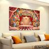 2D Circus Stage Background, Red Striped Tent with Platform & Balloons Themed Backdrop