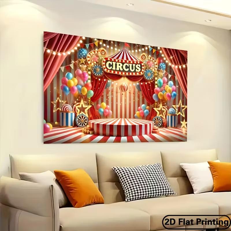 2D Circus Stage Background, Red Striped Tent with Platform & Balloons Themed Backdrop