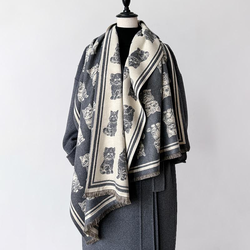 Cat Print Winter Warm Cashmere Scarf For Women Luxury Thick Blanket Shawl Wraps Pashmina Neckerchief Lady Poncho Echarpe