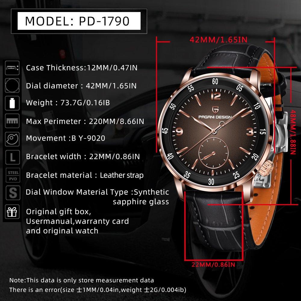 PAGANI DESIGN PD1790 Men's Automatic Mechanical Watch 10Bar Waterproof Sapphire Glass Fashion Leisure Leather Wristwatch For Man
