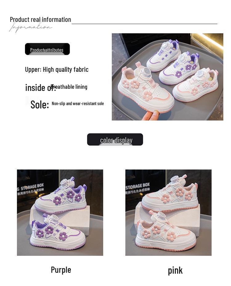 2026 Spring Floral Girls' Skate Shoes with Rotating Button - Fashionable White Sports Sneakers