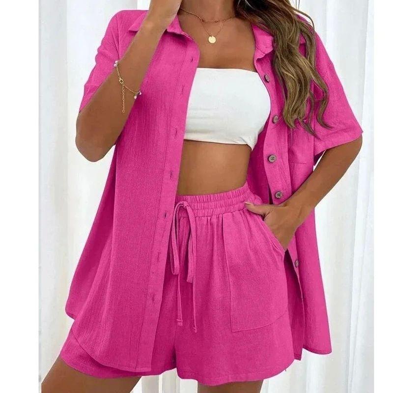 

Solid Color Shirt Drawstring Shorts Set Pure Color Shirt Drawstring Shorts Suit Rose Red XL