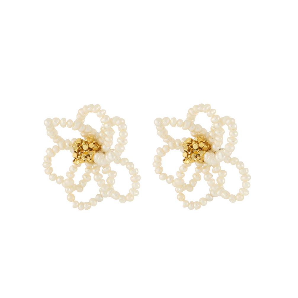 Korean sweet natural freshwater pearl stud earrings female French fringed big flower niche design super fairy earrings fashion