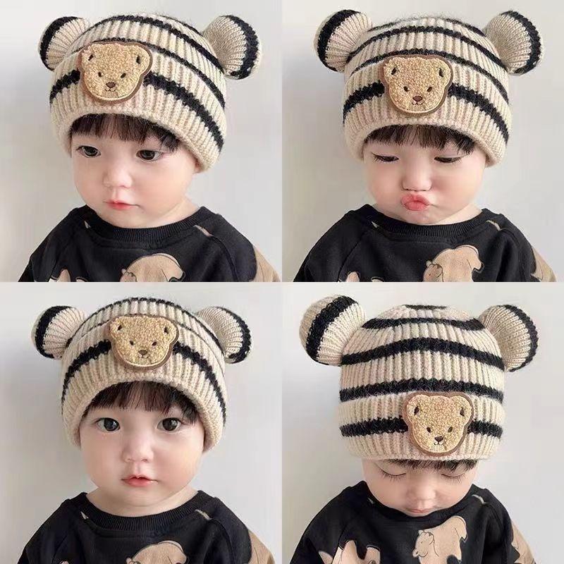 Autumn and winter children's warm hat cute striped bear hat baby double ball knitted hat men's and women's treasure hats