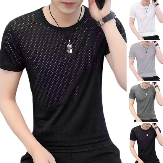 Men Top Breathable Round Neck Quick Dry Mesh Design Short Sleeve All-matched Solid Color Men Summer Top Outing Clothing