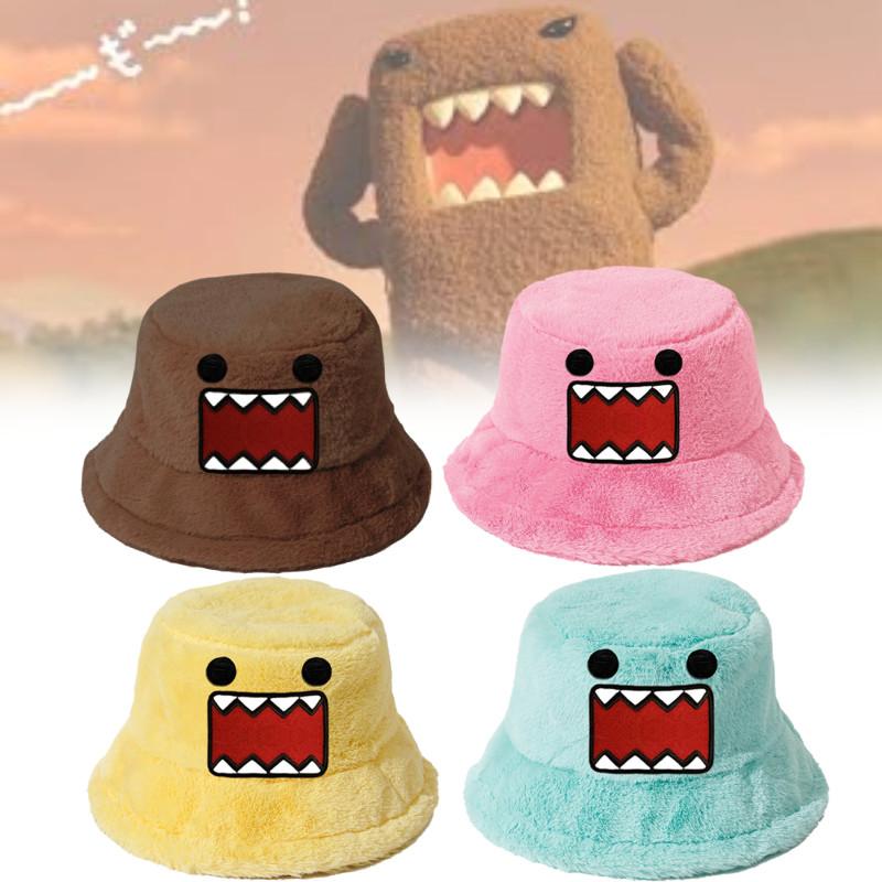 Kun Plush Domo Bucket Hat Cartoon Anime Warm Fluffy Flat Roof Cap For Men Women