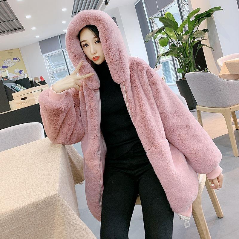New Autumn and Winter Imitation Fur Jacket for Women's Loose and Thickened Imitation Rabbit Fur Plush Medium and Long Hooded