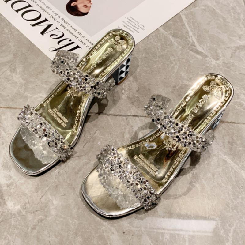Fashion Women's Chunky Heel Sandals Summer New Round Head Open-toe Crystal with Anti-slip and Wear-resistant Mid-heel Slippers