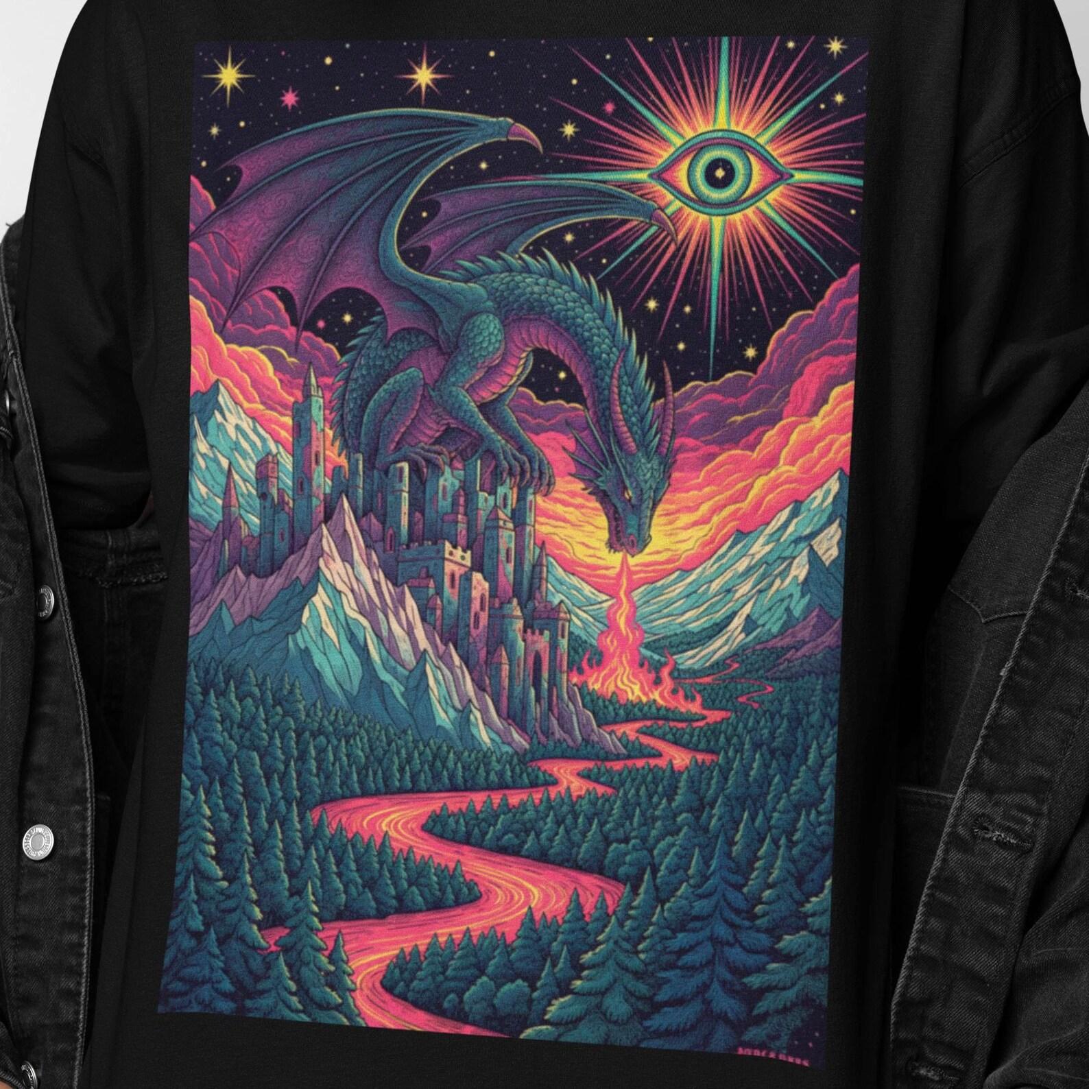 Fantasy Surreal Dragon Shirt | Trippy Dragon Psychedelic Tee | Medieval Fantasy Graphic Tee | Cosmic Dragon Art | Fantasy Lover Gift Present 2XL