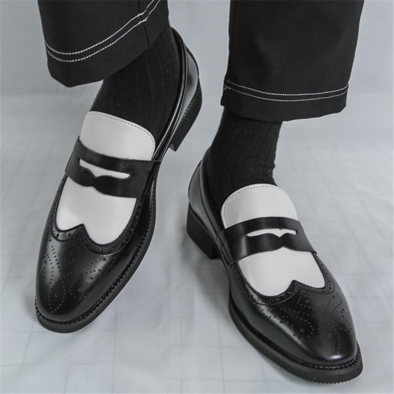 New Black White Brown Mixed Penny Loafers Men Pointed Slip On Casual Shoes Wedding Dress Homecoming Footwear Zapatos Hombre