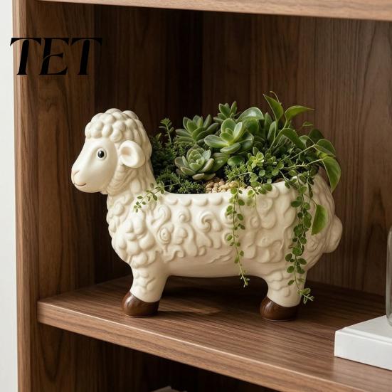 Indoor Outdoor Gardening Decor Curly Sheep Planter Pot, Resin Cute Lamb Flower Decorative Whimsical Patio Plant Container Animal Pot for Succulents