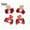 Decorative Antler Hair Pins 2Pcs Christmas Clips with Plaid Bows and Pom Poms Decor, Festive Holiday Winter Party Accessories for Women Girls,