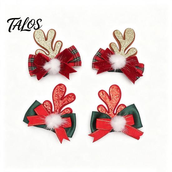 Decorative Antler Hair Pins 2Pcs Christmas Clips with Plaid Bows and Pom Poms Decor, Festive Holiday Winter Party Accessories for Women Girls,