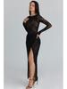 Black Lace Asymmetrical Slit Dress with Embroidery