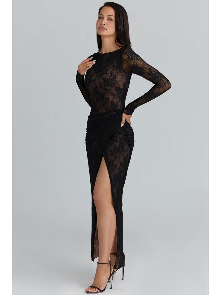 Black Lace Asymmetrical Slit Dress with Embroidery