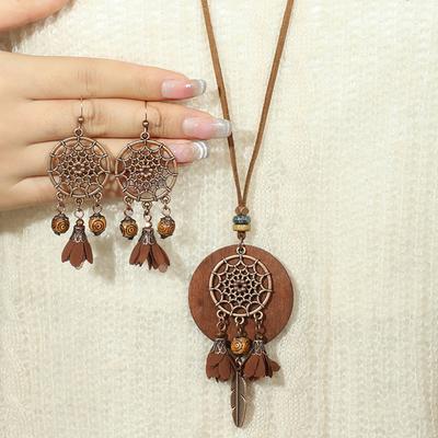 3 Stück Braune Ohrringe+Halskette Zirkon Set Quaste Ausgehöhlte Ornamente Anhänger Halskette Pulloverkette Alltagskleidung Geschenke