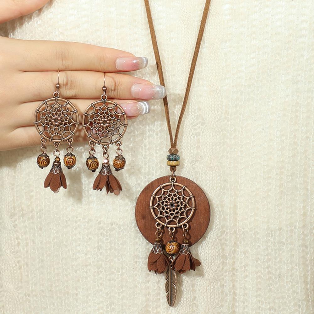 3pcs Brown Earrings+Necklace Zircon Set Tassel Hollow Out Ornaments Pendent Necklace Sweater Chain Daily Wear Gifts