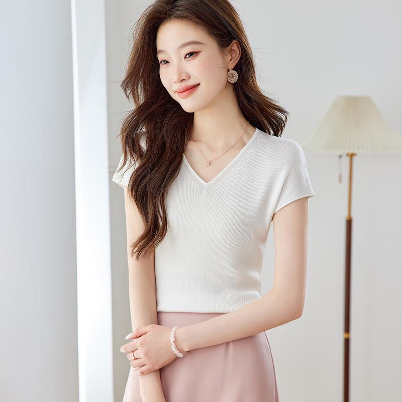 

Женский топ с V-образным вырезом и короткими рукавами из трикотажа с шелком XL