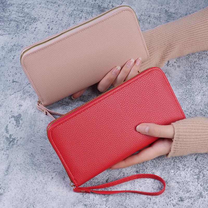 Women's Litchi Pattern Long Wallet with Multi-Card Slots and Zipper Coin Purse