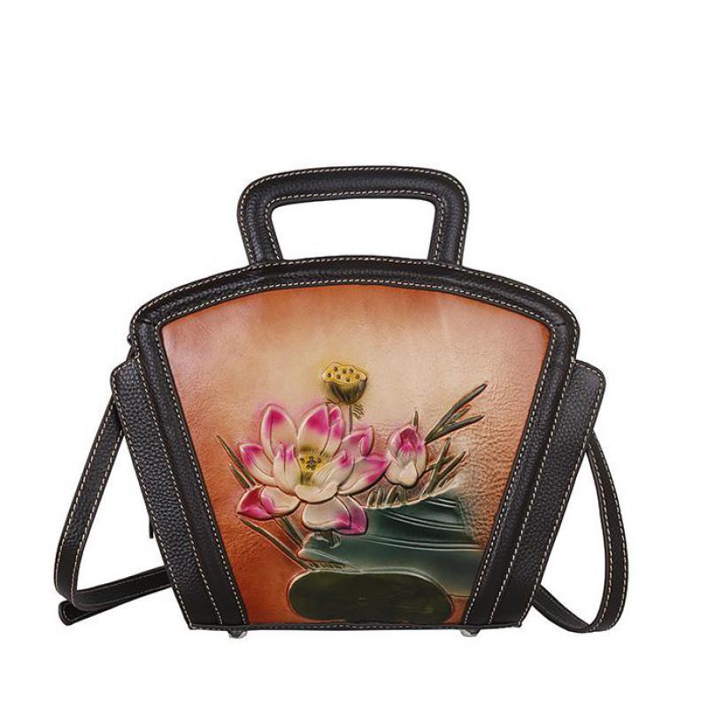 Johnature Vintage preget første lag kuskinn dameveske Luksus håndveske Håndmalte Lotus Skuldervesker for kvinner