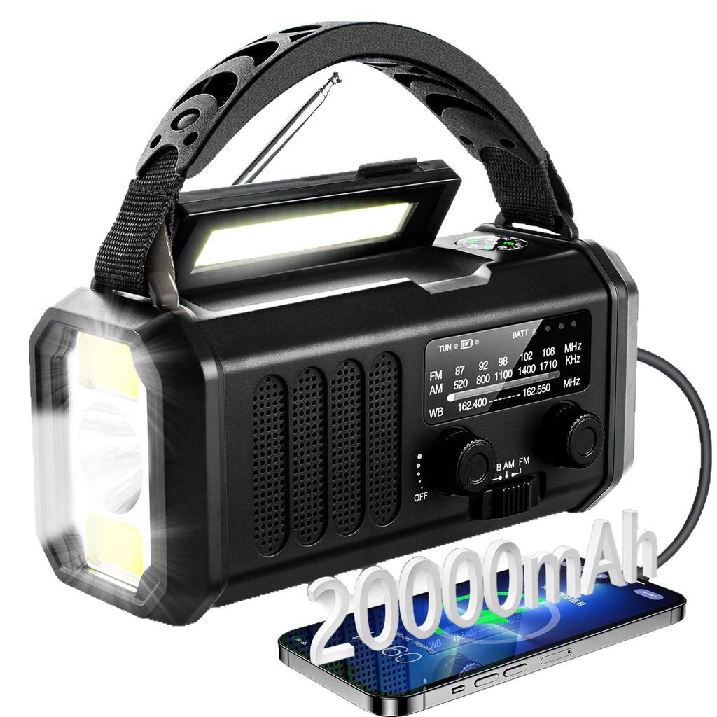 20,000mAh High-Capacity Hand-Crank Solar Radio with Flashlight, Reading Light, and SOS Emergency Alert.