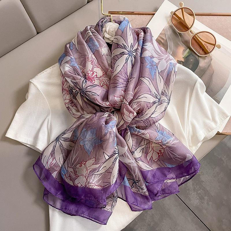 Silk Scarf Folral Women Summer Hijab Luxury Print Sunscreen Shawl Wraps Bandana Ladies Head Scarves Large Foulard Echarpe