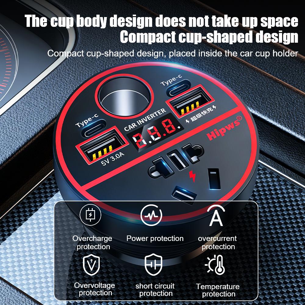 QC3.0+PD Type C Digital Vehicle Charger Quick Charge Cigarette Lighter Inverter 200W Car USB Fast Charging USB Charger Adapter Universal