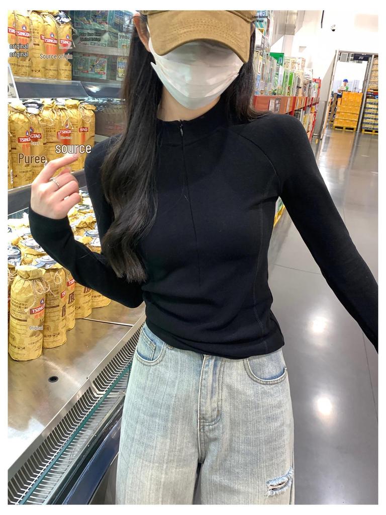 Women's Thermal Fleece Zipper Long-Sleeve T-Shirt with Half-High Collar - Autumn/Winter Warm Base Layer Top
