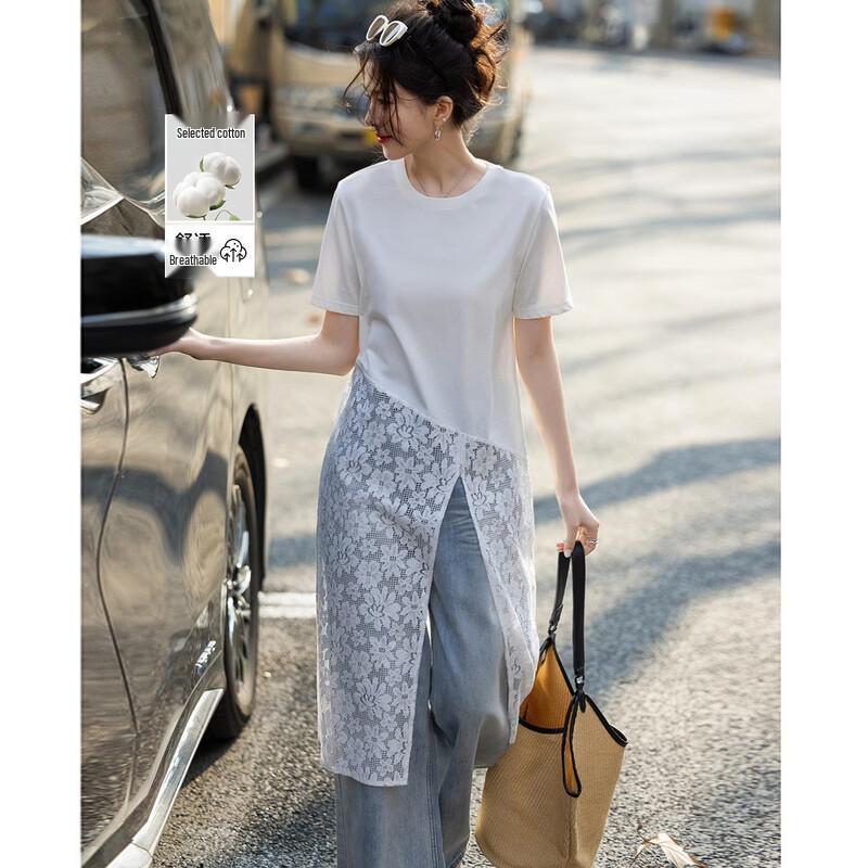Cloud Oxygen Cotton Lace-Trim Slit T-Shirt M