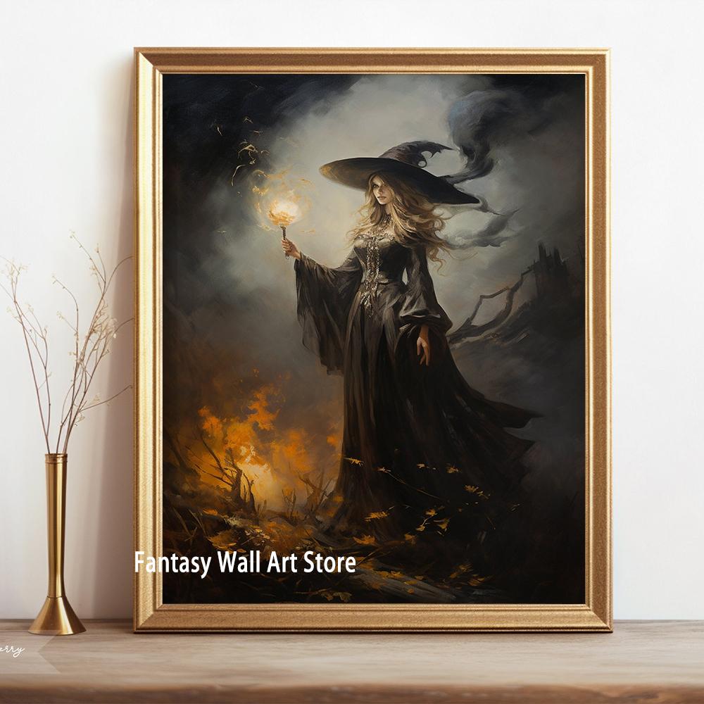 Witch Magical Art Print Witch with Full Moon Wall Decor Darkness Witches Painting Wall Decor Canvas Poster Dark Romantic Decor