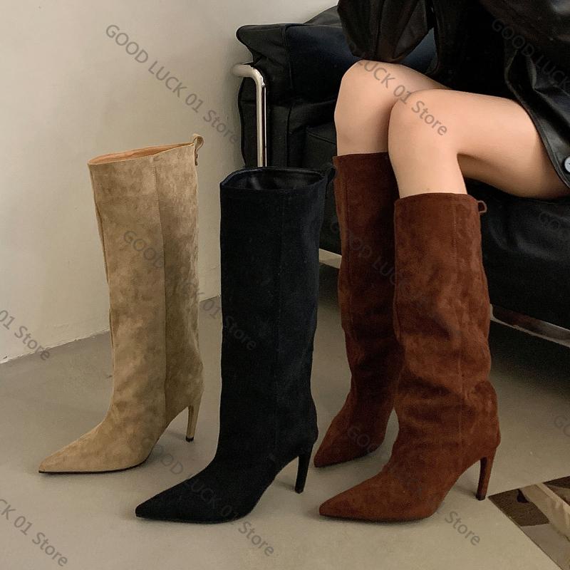 Fashion 2025 Street Style Pointed Toe Knee-High Women Boots Winter Thin Heels Shoes Female Punk Vintage Long Booties Zapatos De Muje