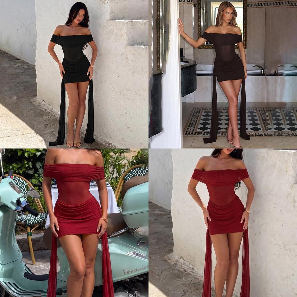 Sexy Lace Insert Bodycon Dress With Off Shoulder Neck For Night Out