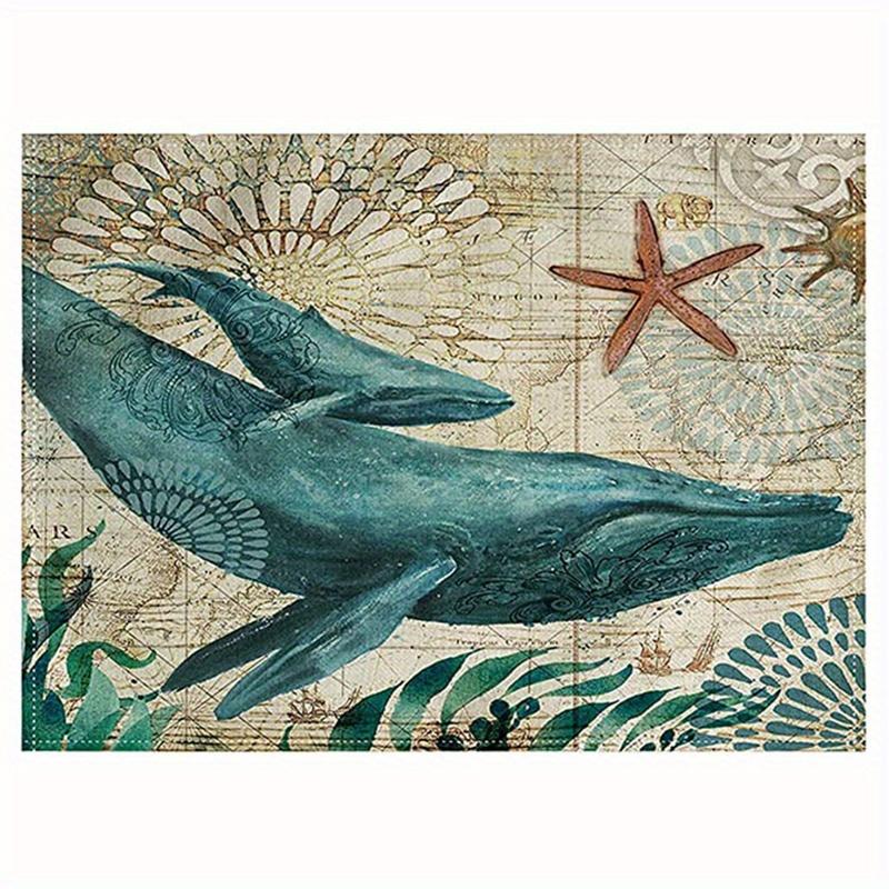 1pc Vintage Ocean Style Encrypted Linen Placemat, Summer Style Seahorse/Starfish/Seashell/Conch Table Mat, Tabletop Protection