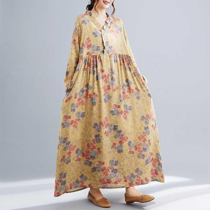 Season's New Vintage Print Loose Hem Long Dress