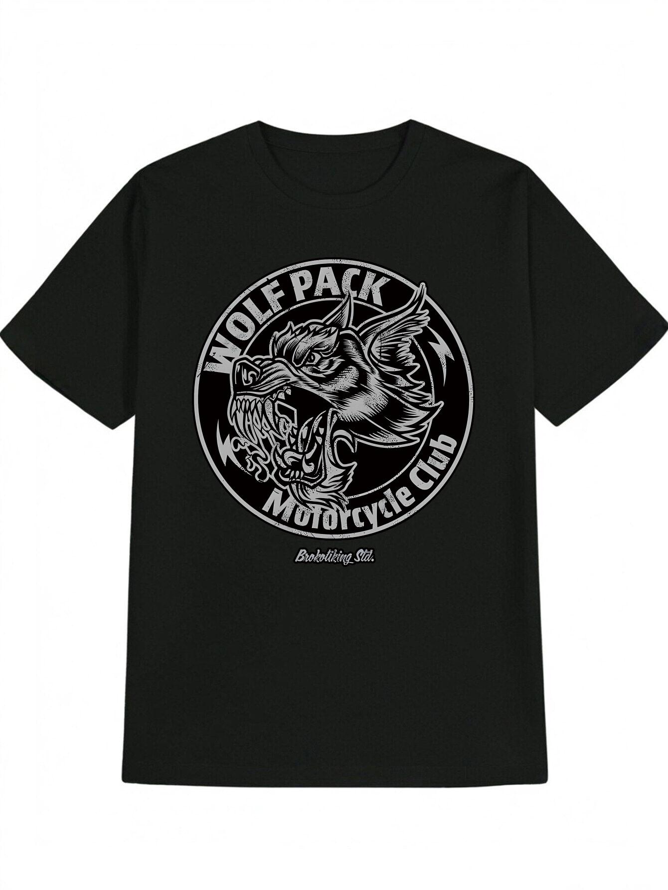 Wolf Pack Motorcycle Club Graphic T-shirt - Black Casual Crew Neck Tee with Intricate Wolf & Wings Design XXL