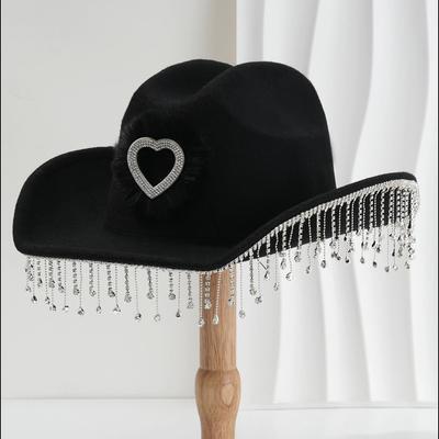 Rhinestone Western Cowgirl Hat Metal Chain Solid Cowboy Hat Heart Accessories Music Festival Dance Hat Curved Eaves Light Hat