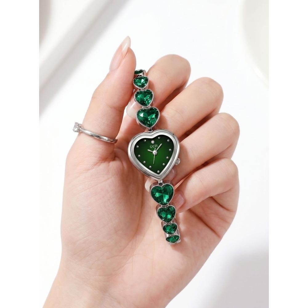 GEDI Women Quartz Wrist Watch Heart Shaped Dial Rhinestone Decor Metal Link Bracelet Waterproof Dress Watch