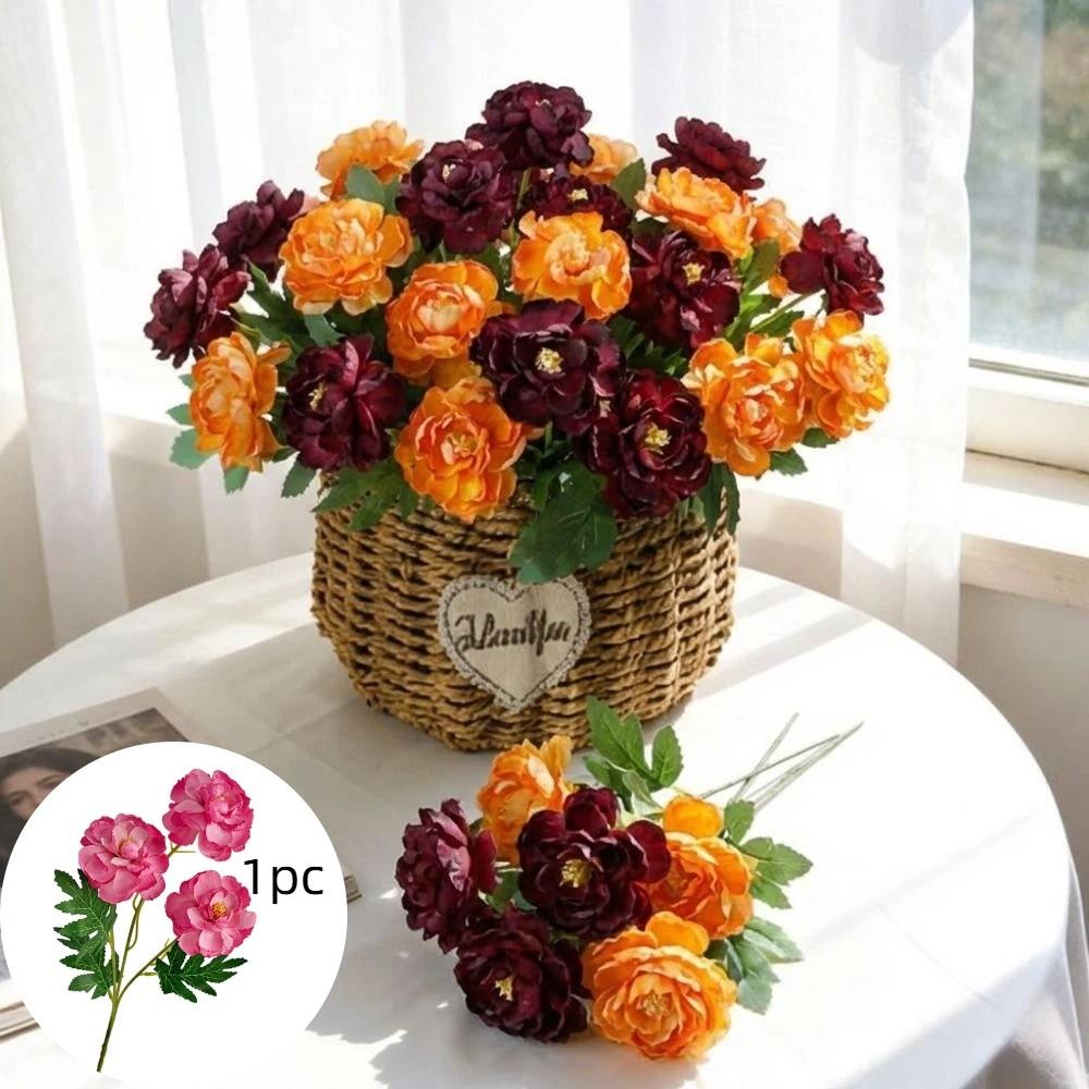 3-headed Peony Artifiical Flower Branch 62cm Height with Green Leaves Simulation Flower Flexible Stems Roses Fake Flower