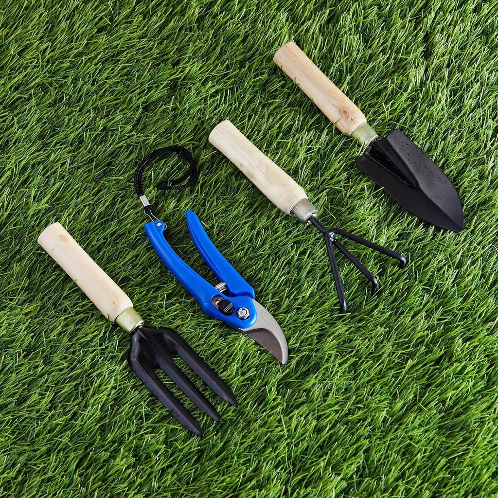 4-Piece Gardening Tool Set | Hand Cultivator, Trowel, Garden Fork, Pruner | Wooden Handle